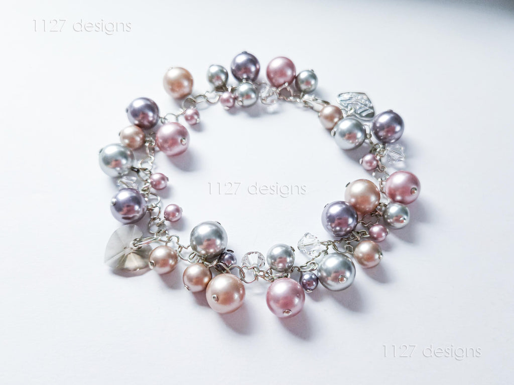 Swarovski Pearl & Heart Crystal Handmade Cluster Bracelet • Pink Taupe Mauve • 925 Sterling Silver Heart Chain • 1127 Designs