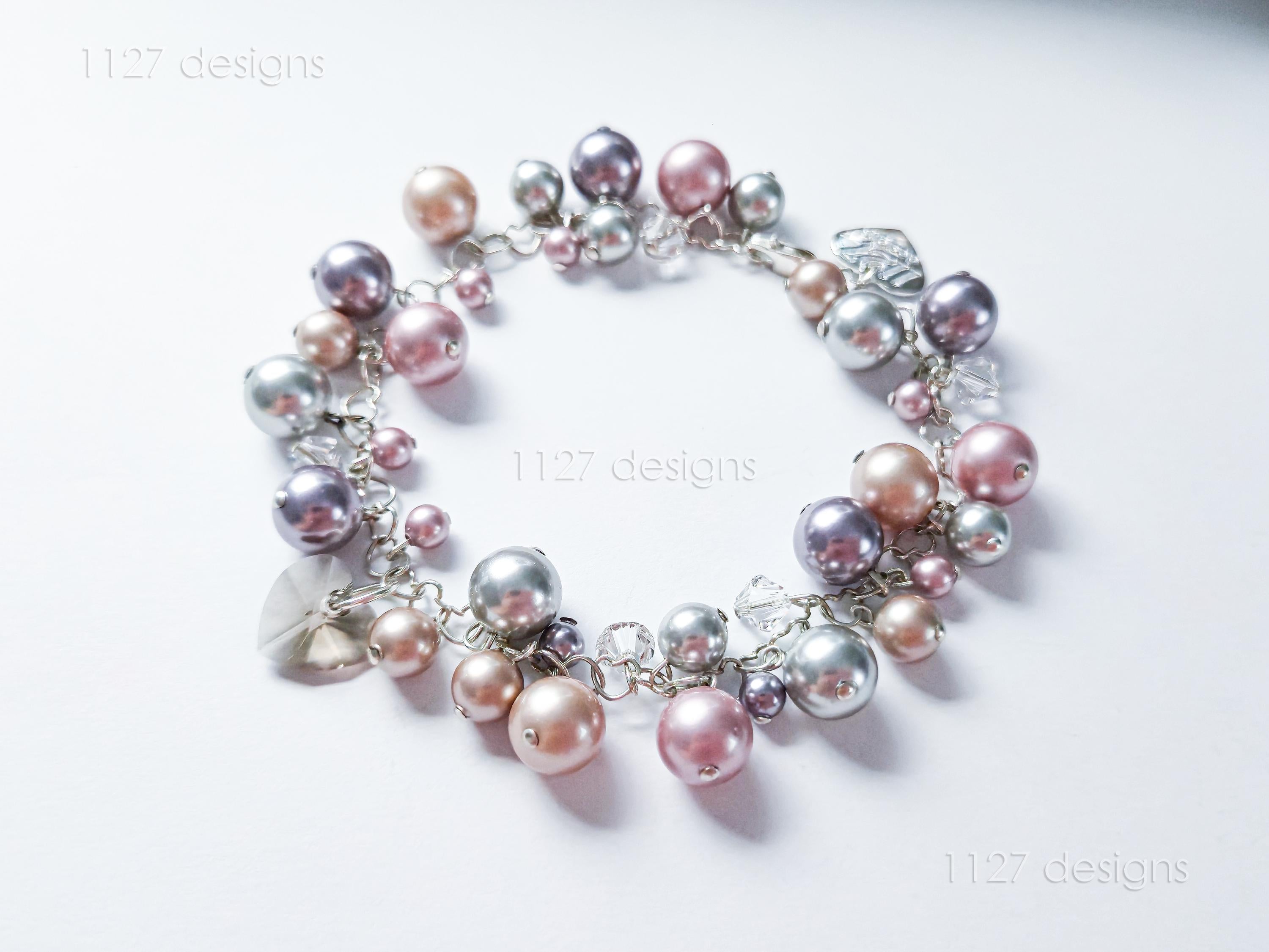 Swarovski Pearl & Heart Crystal Handmade Cluster Bracelet • Pink Taupe Mauve • 925 Sterling Silver Heart Chain • 1127 Designs