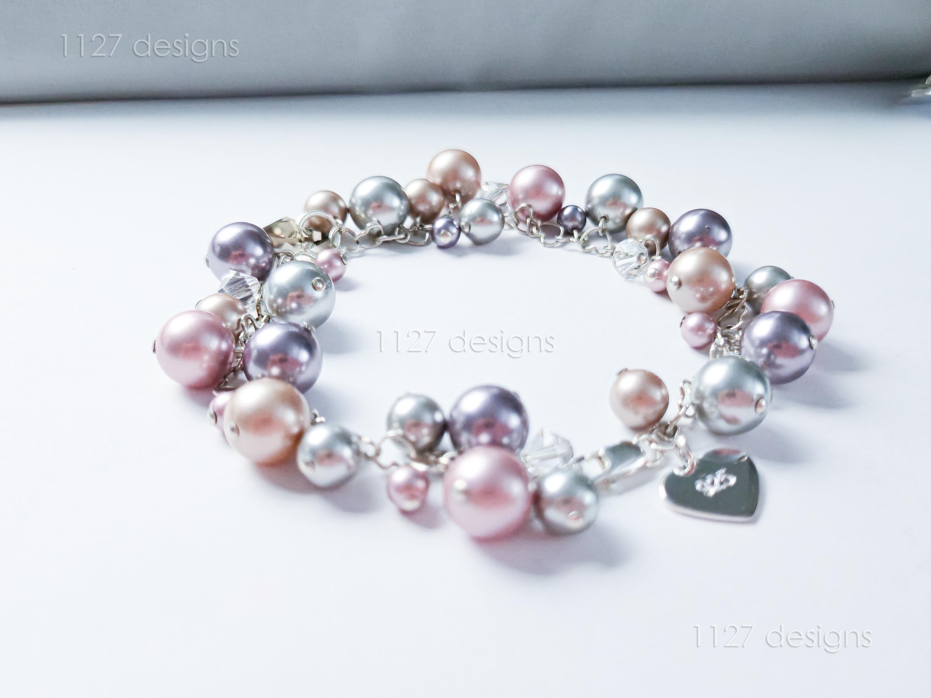 Swarovski Pearl & Heart Crystal Handmade Cluster Bracelet • Pink Taupe Mauve • 925 Sterling Silver Heart Chain • 1127 Designs