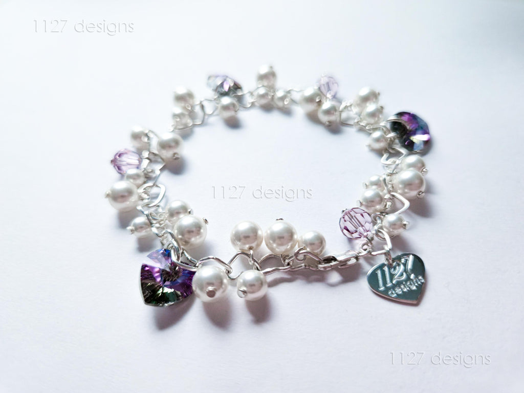 Swarovski White Pearl & Crystal Handmade Cluster Bracelet • Vitrail Light Heart Charms • 925 Sterling Silver • 1127 Designs