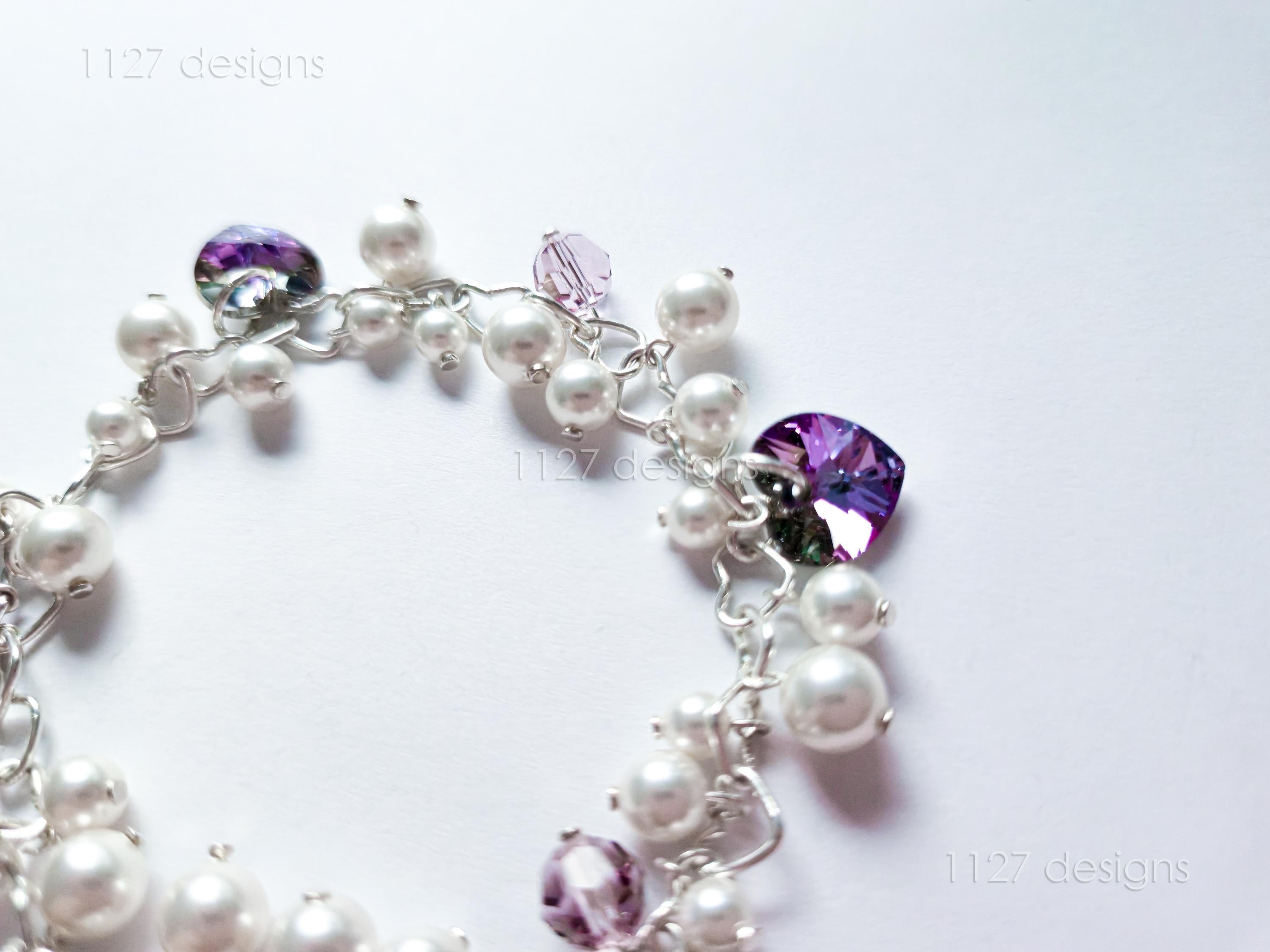 Swarovski White Pearl & Crystal Handmade Cluster Bracelet • Vitrail Light Heart Charms • 925 Sterling Silver • 1127 Designs