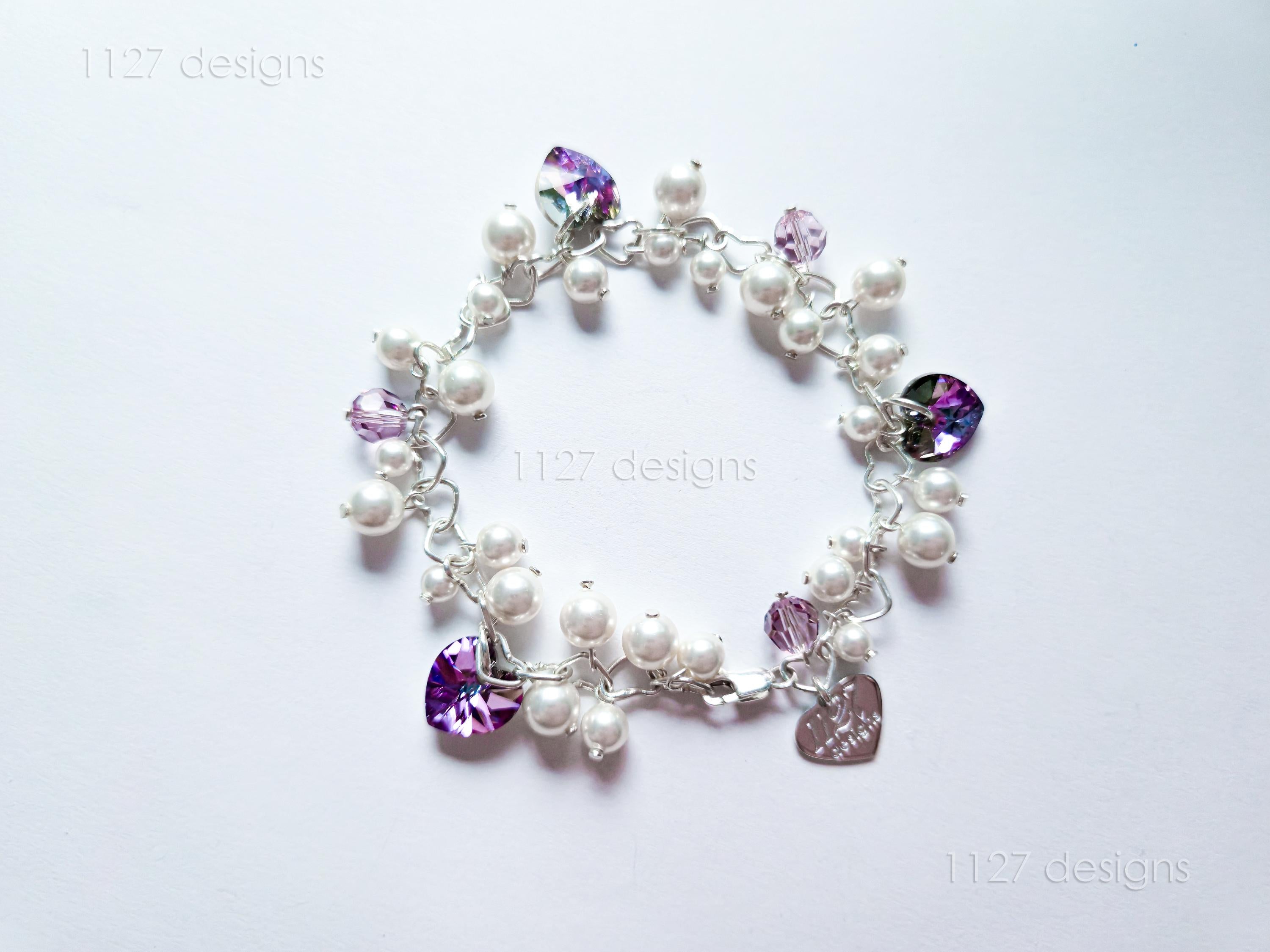 Swarovski White Pearl & Crystal Handmade Cluster Bracelet • Vitrail Light Heart Charms • 925 Sterling Silver • 1127 Designs