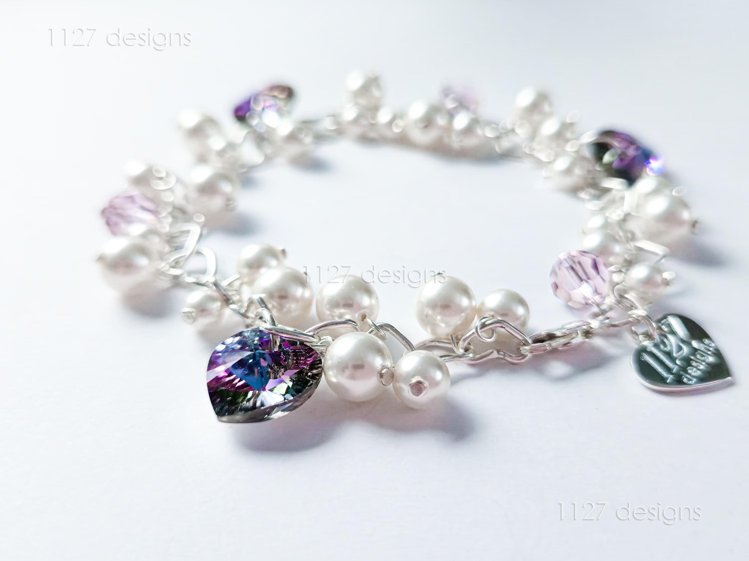 Swarovski White Pearl & Crystal Handmade Cluster Bracelet • Vitrail Light Heart Charms • 925 Sterling Silver • 1127 Designs