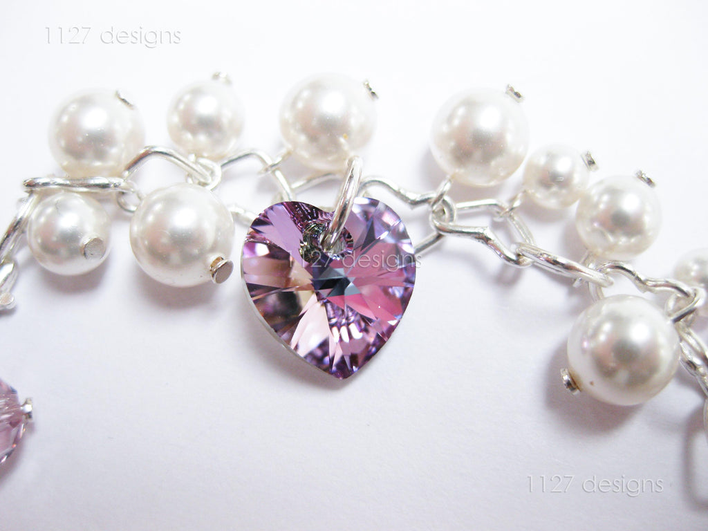 Swarovski White Pearl & Crystal Handmade Cluster Bracelet • Vitrail Light Heart Charms • 925 Sterling Silver • 1127 Designs