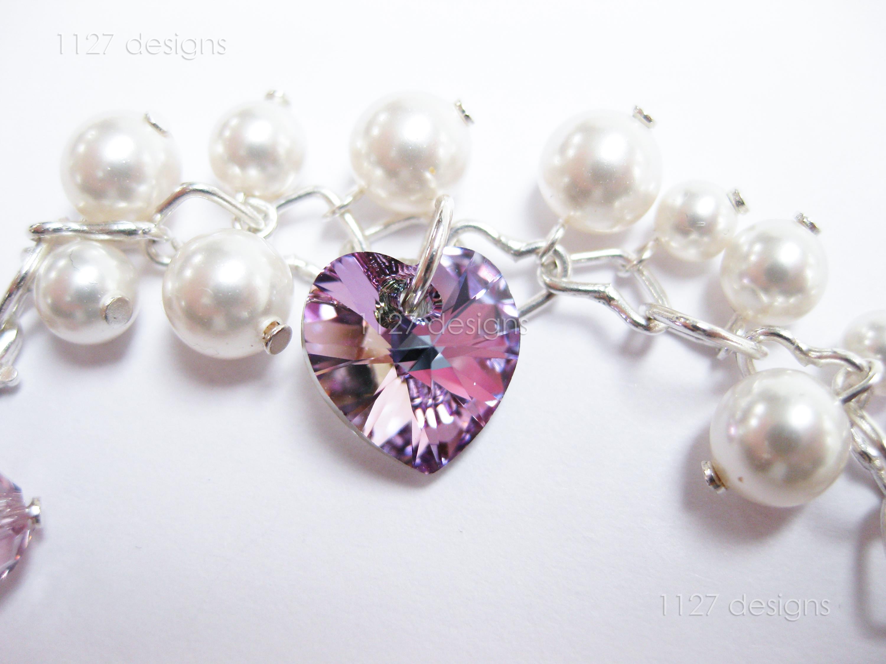 Swarovski White Pearl & Crystal Handmade Cluster Bracelet • Vitrail Light Heart Charms • 925 Sterling Silver • 1127 Designs