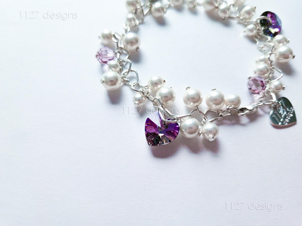 Swarovski White Pearl & Crystal Handmade Cluster Bracelet • Vitrail Light Heart Charms • 925 Sterling Silver • 1127 Designs
