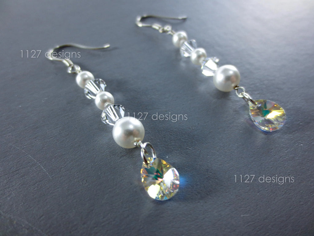 Swarovski Cream Pearl & Crystal Drop Earrings • 925 Sterling Silver • 5.5cm AB Teardrop Dangle • 1127 Designs