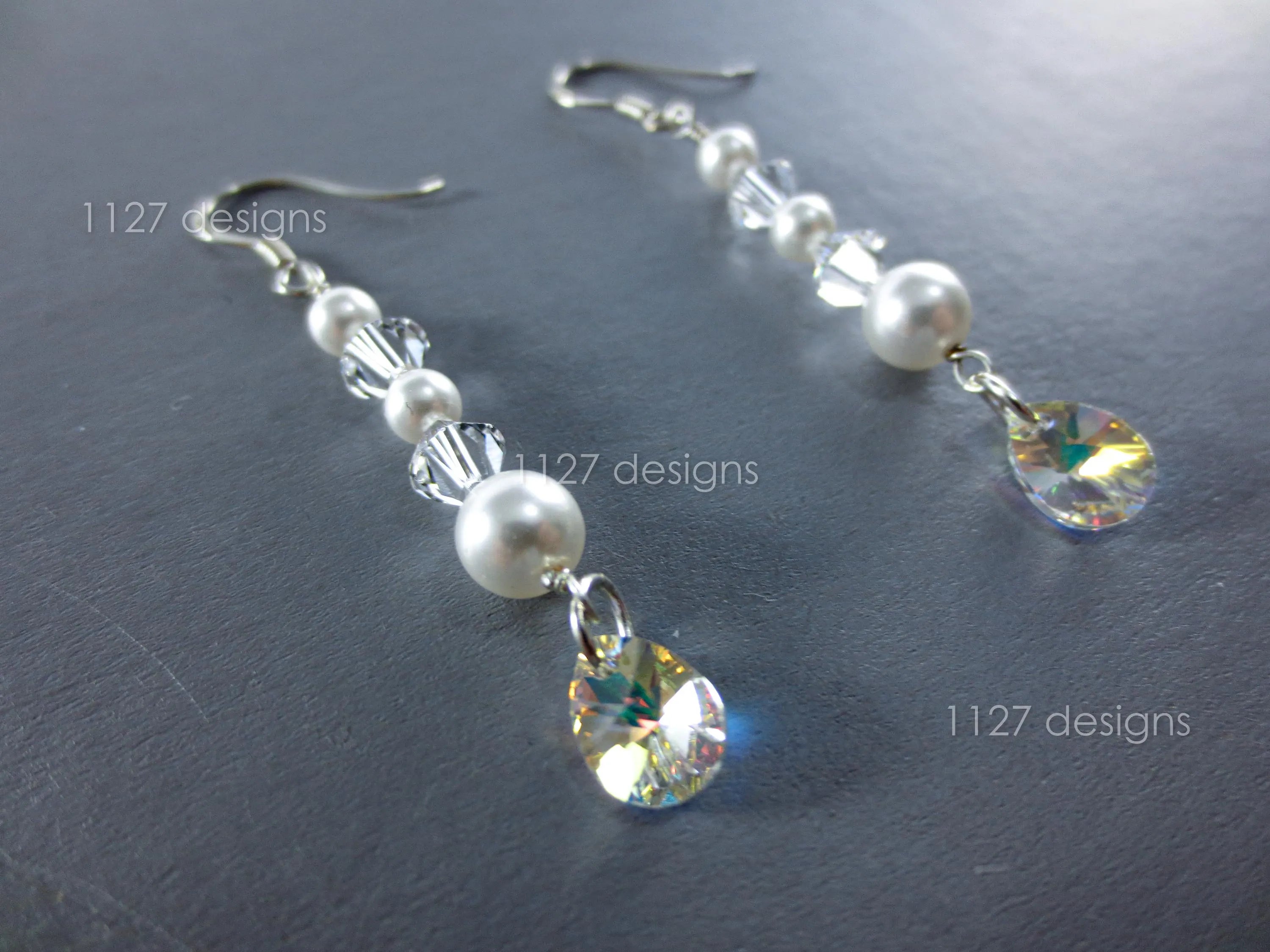 Swarovski Cream Pearl & Crystal Drop Earrings • 925 Sterling Silver • 5.5cm AB Teardrop Dangle • 1127 Designs