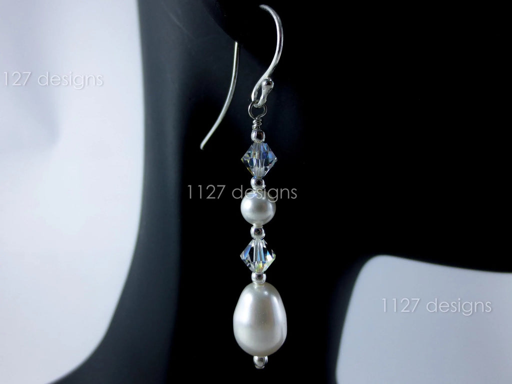 Swarovski Pearl & AB Crystal Drop Earrings • 925 Sterling Silver • 5.5cm Handmade Bridal Style • 1127 Designs