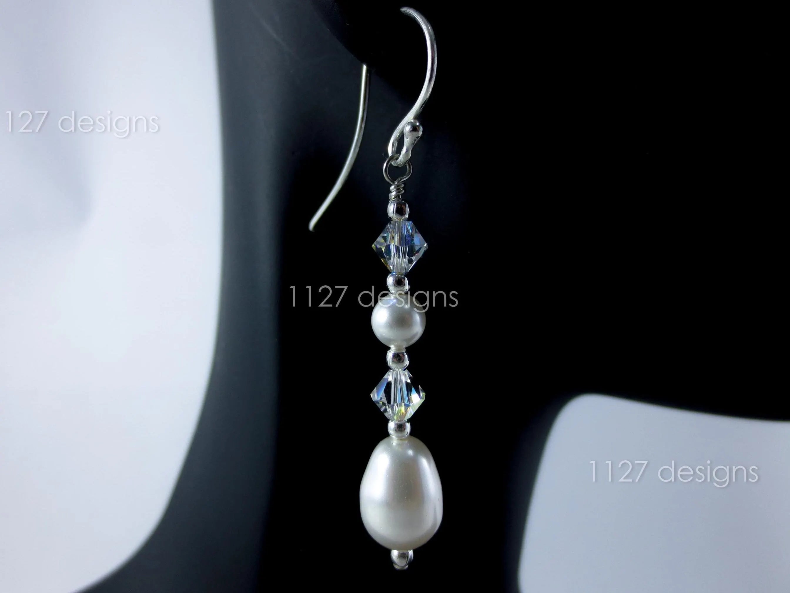 Swarovski Pearl & AB Crystal Drop Earrings • 925 Sterling Silver • 5.5cm Handmade Bridal Style • 1127 Designs