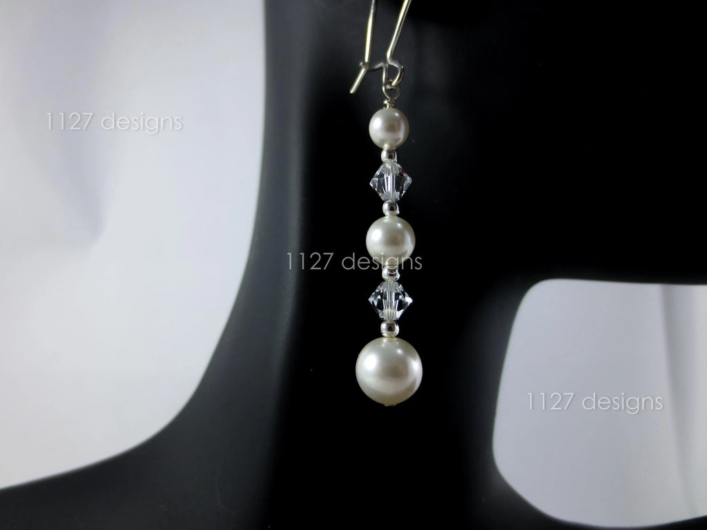 Swarovski White Pearl & Crystal Drop Earrings • 925 Sterling Silver • 6cm Dangle • 1127 Designs