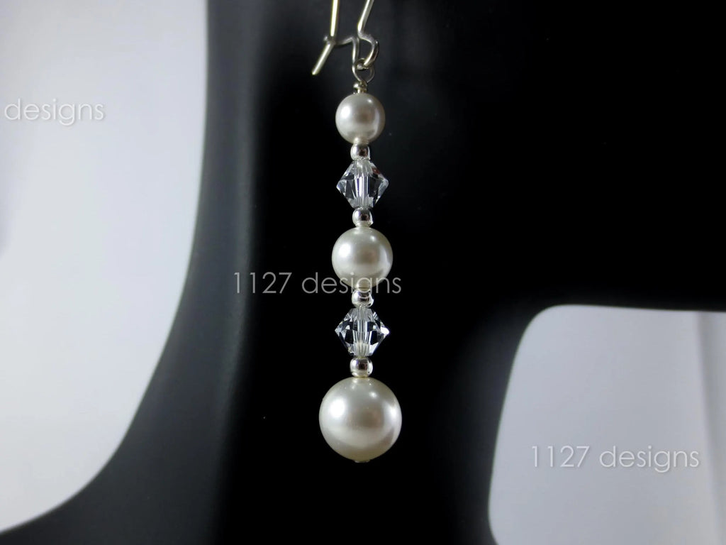Swarovski White Pearl & Crystal Drop Earrings • 925 Sterling Silver • 6cm Dangle • 1127 Designs