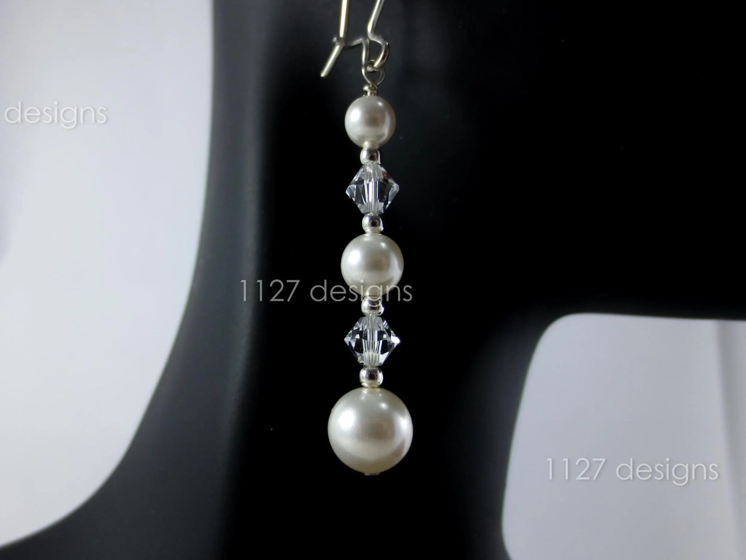 Swarovski White Pearl & Crystal Drop Earrings • 925 Sterling Silver • 6cm Dangle • 1127 Designs
