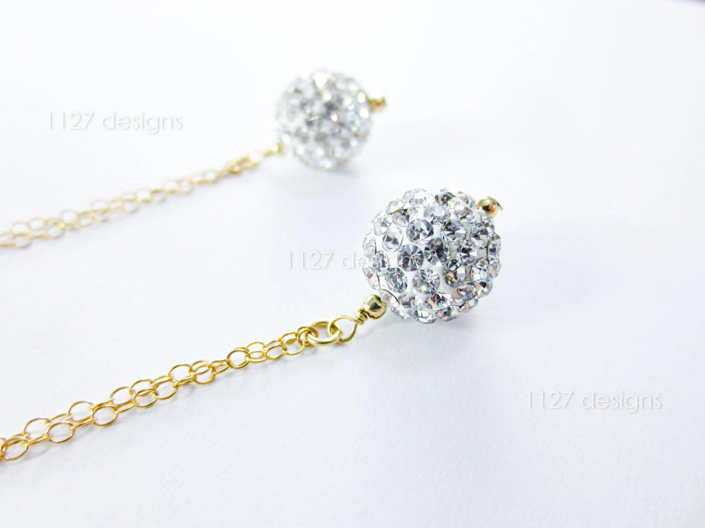 14K Gold Filled Extra Long Earrings • 5.5" Double Chain • Pave Crystal Ball Dangle • 1127 Designs