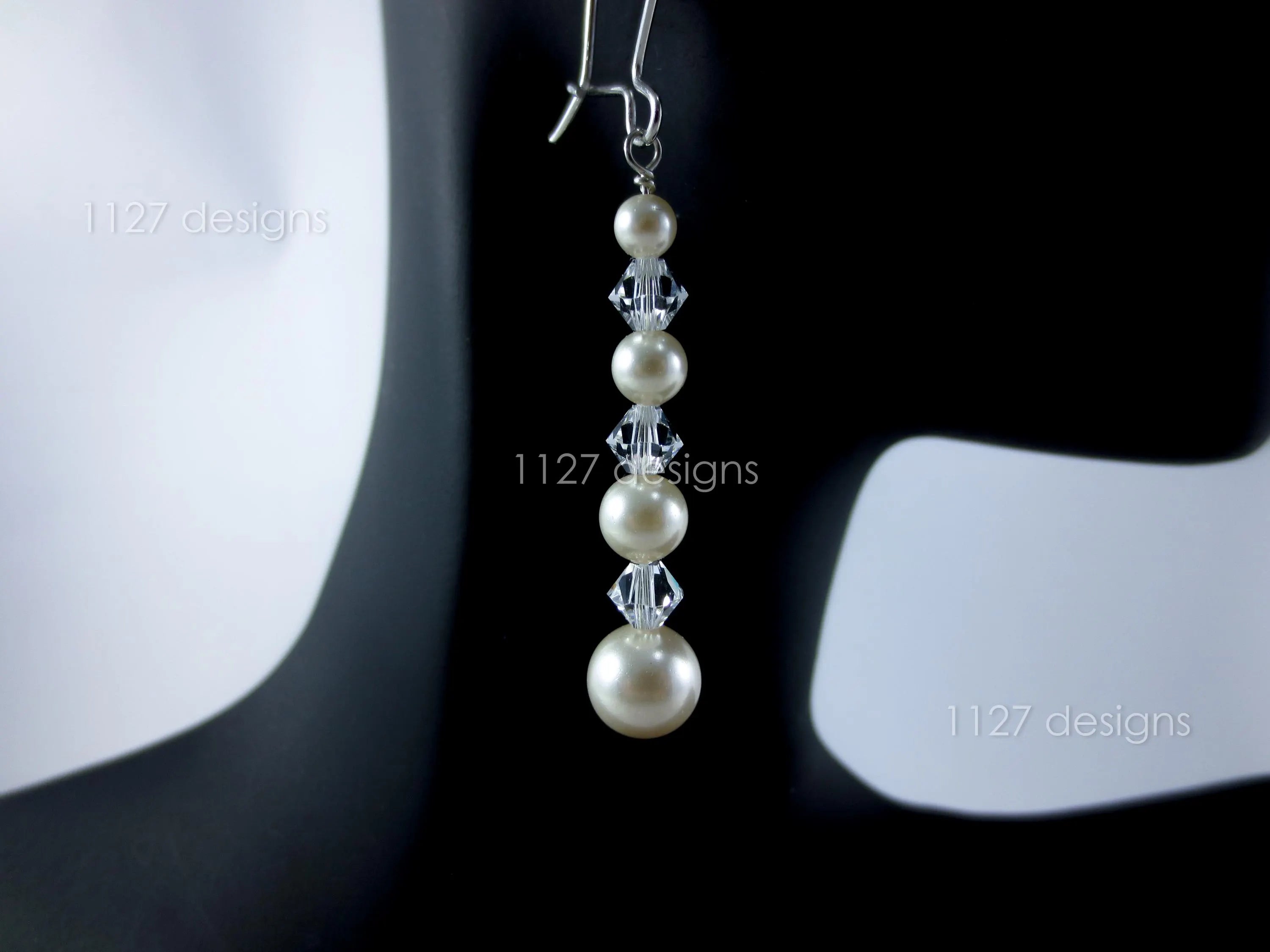 Elegant Long Pearl Drop Earrings • Handmade 925 Sterling Silver 6cm Dangle • Swarovski Crystal & Ivory Pearl • 1127 Designs