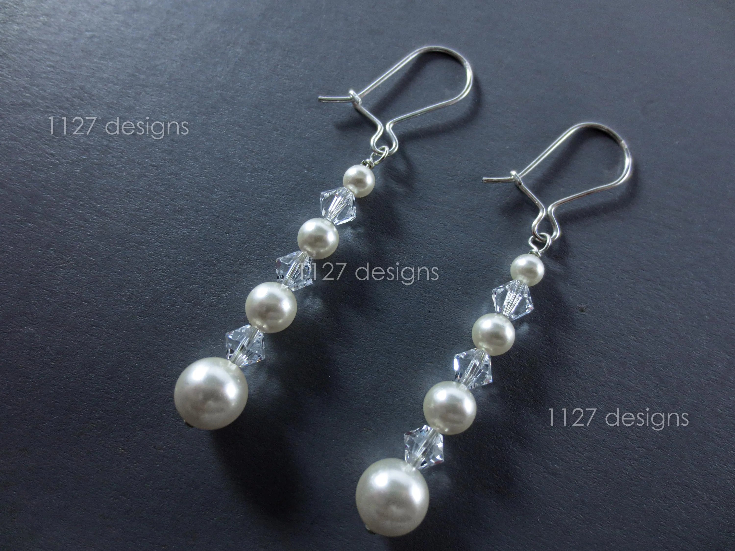 Elegant Long Pearl Drop Earrings • Handmade 925 Sterling Silver 6cm Dangle • Swarovski Crystal & Ivory Pearl • 1127 Designs