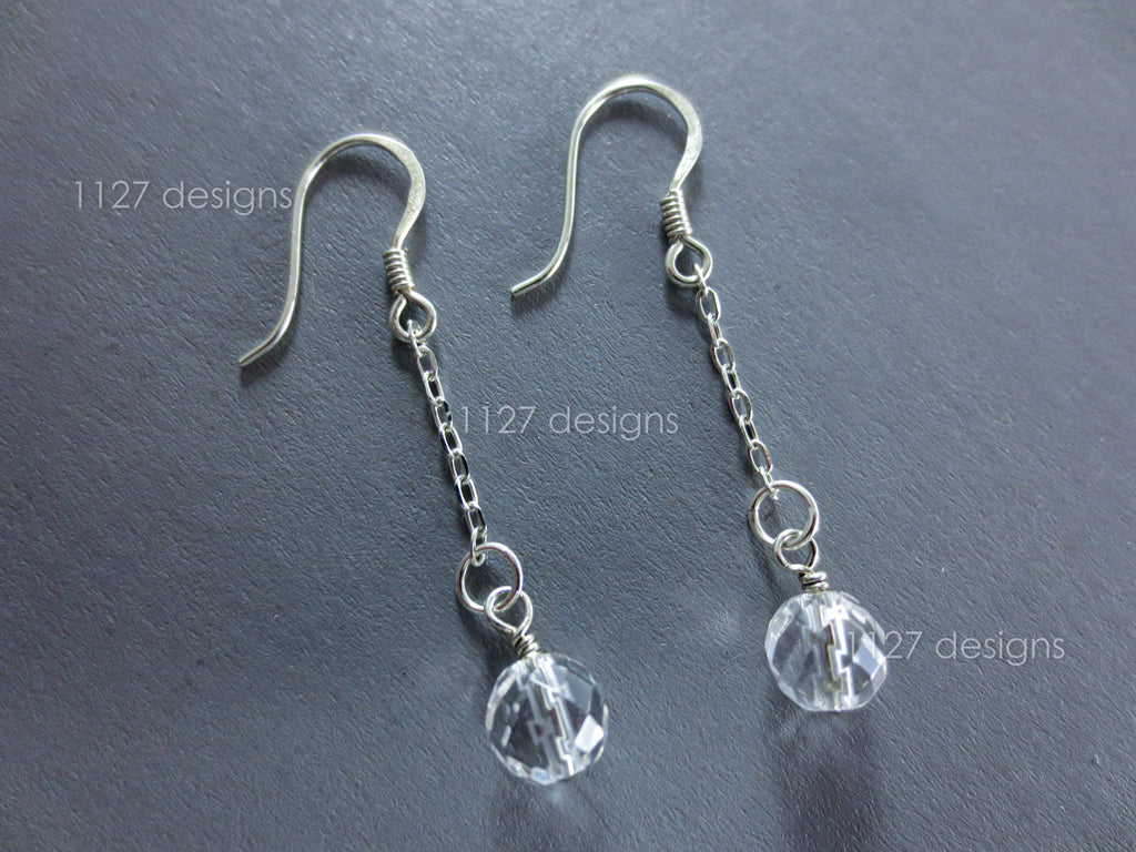Handmade 925 Sterling Silver Chain Dangle Earrings • 4cm • 6mm Faceted Glass Crystal Drops • 1127 Designs