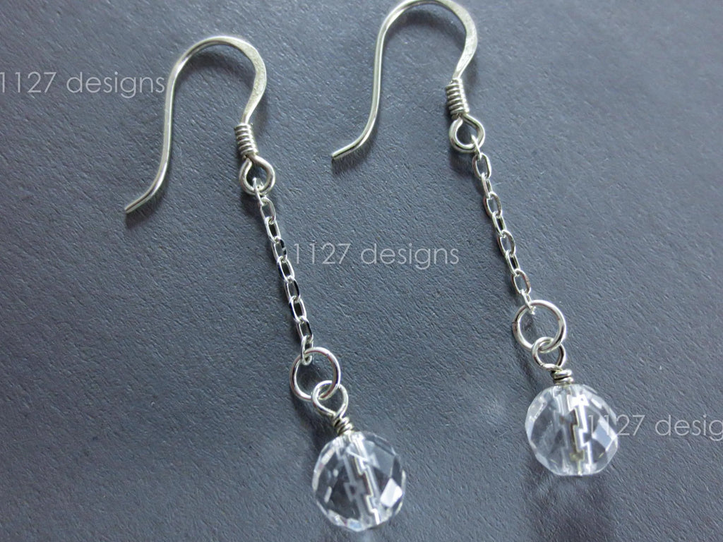 Handmade 925 Sterling Silver Chain Dangle Earrings • 4cm • 6mm Faceted Glass Crystal Drops • 1127 Designs