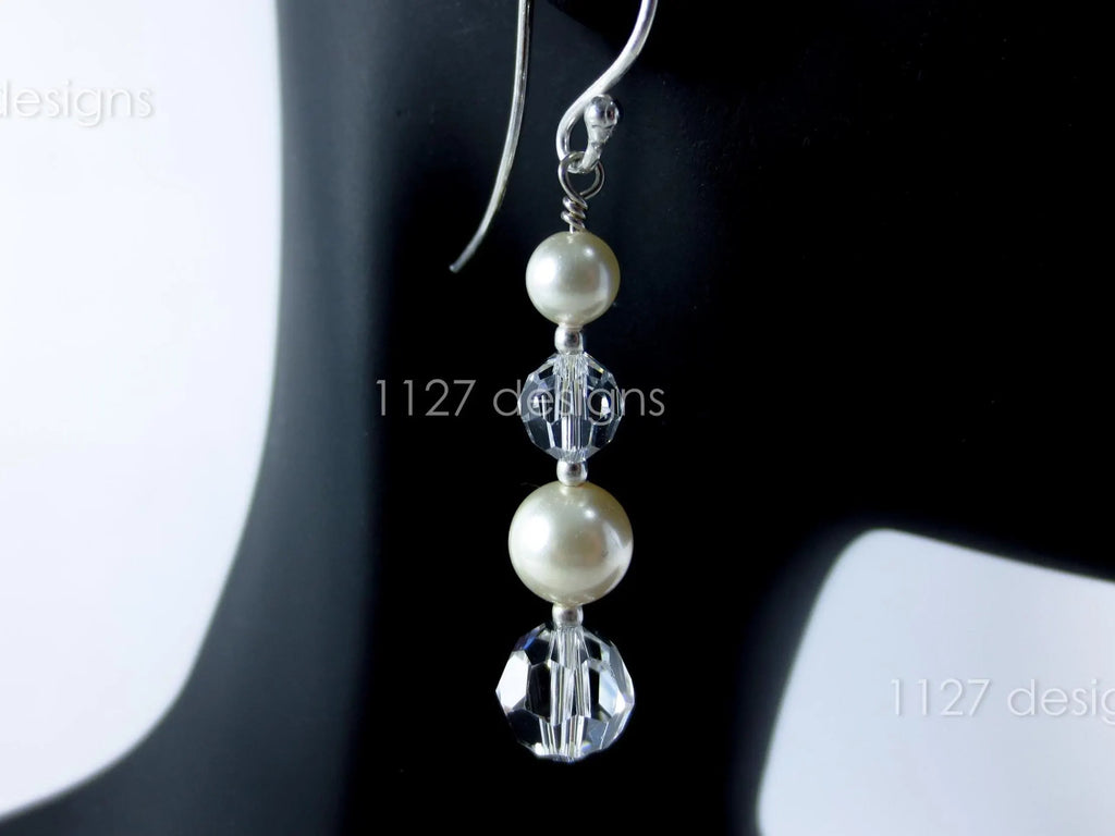 Sterling Silver Drop Earrings • Swarovski Pearl & Crystal • 4.75cm French Hook Dangle • 1127 Designs