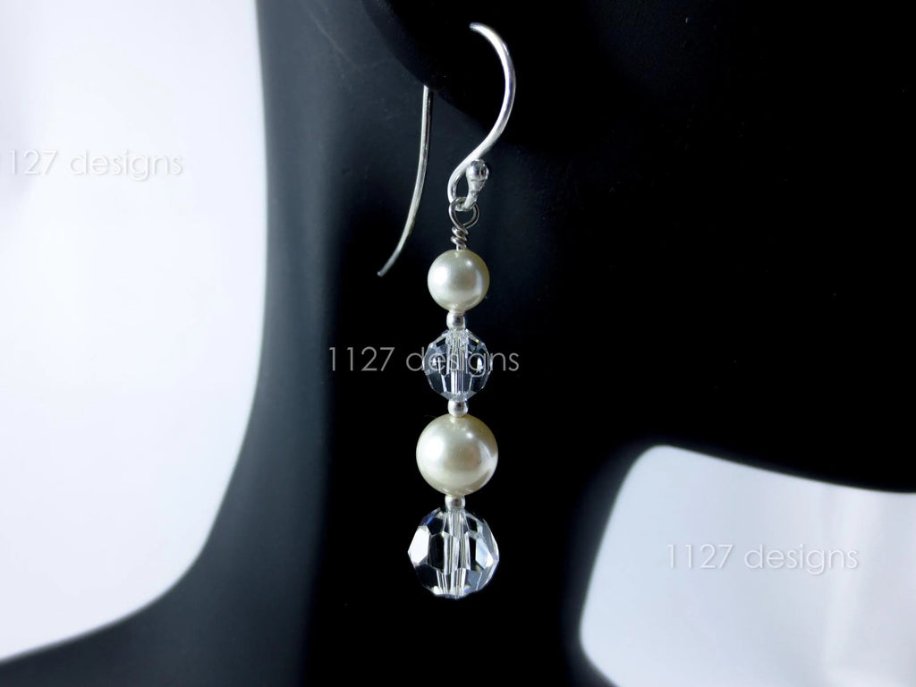 Sterling Silver Drop Earrings • Swarovski Pearl & Crystal • 4.75cm French Hook Dangle • 1127 Designs
