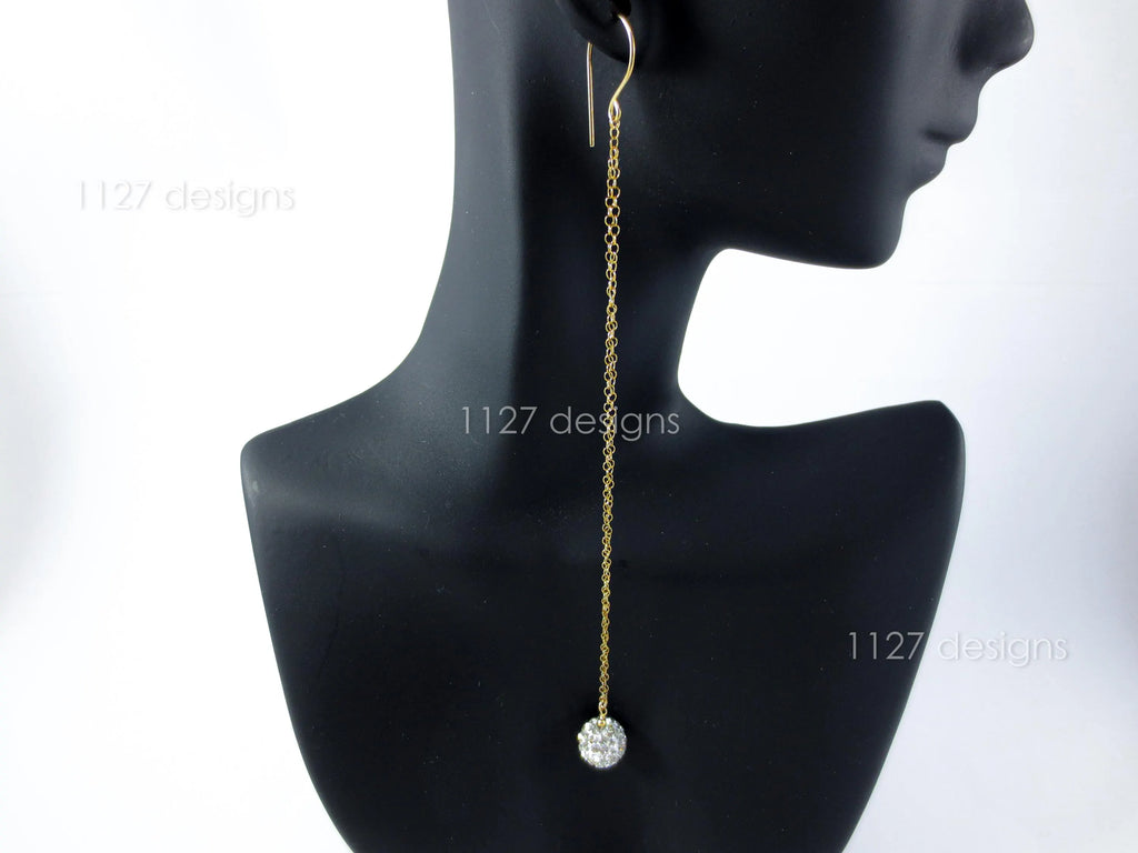 14K Gold Filled Extra Long Earrings • 5.5" Double Chain • Pave Crystal Ball Dangle • 1127 Designs
