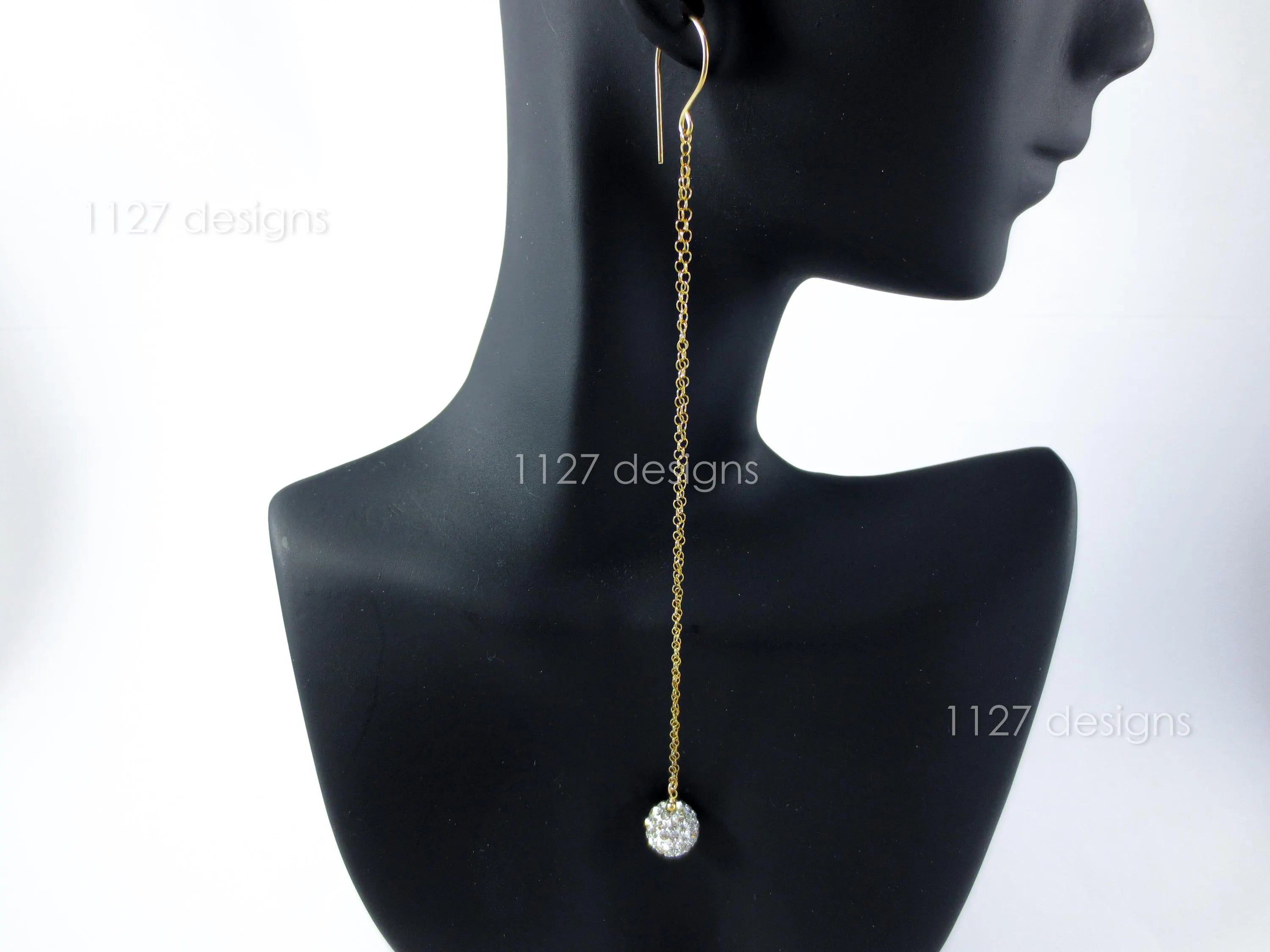 14K Gold Filled Extra Long Earrings • 5.5" Double Chain • Pave Crystal Ball Dangle • 1127 Designs