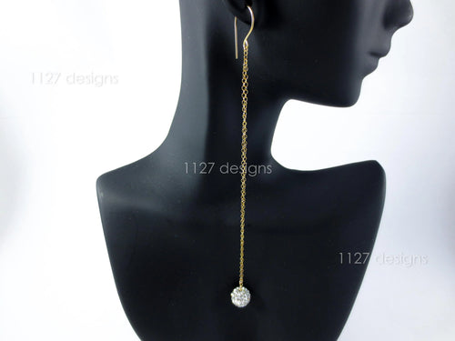 14K Gold Filled Extra Long Earrings • 5.5" Double Chain • Pave Crystal Ball Dangle • 1127 Designs