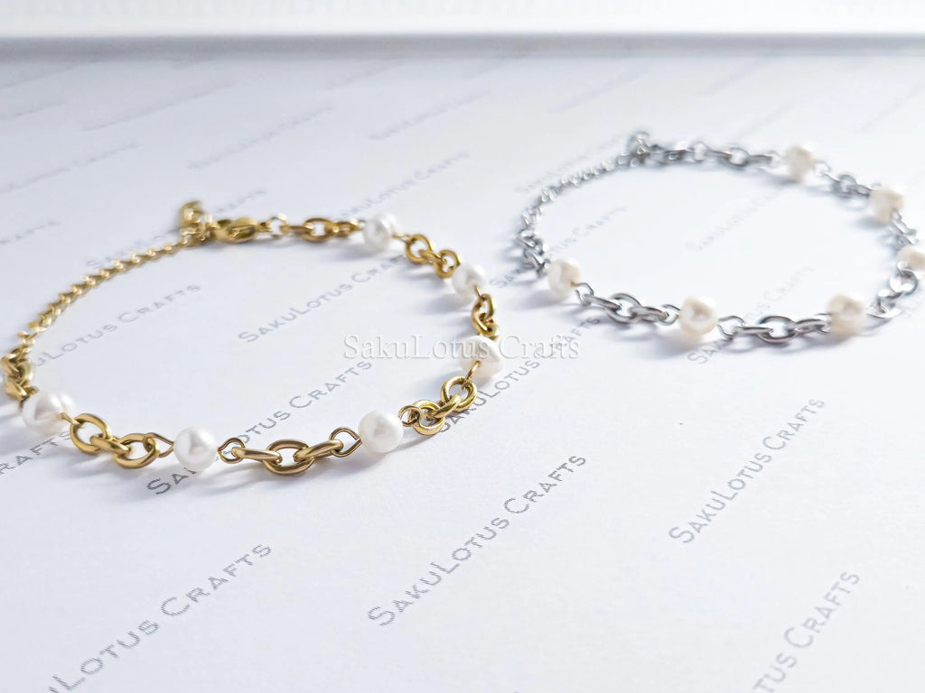Natural Freshwater Pearl Bracelet • 6" Chunky Stainless Steel Chain • 18K Gold or Silver Finish • Adjustable Extender