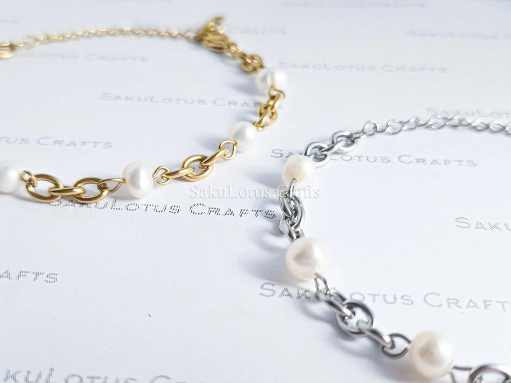 Natural Freshwater Pearl Bracelet • 6" Chunky Stainless Steel Chain • 18K Gold or Silver Finish • Adjustable Extender