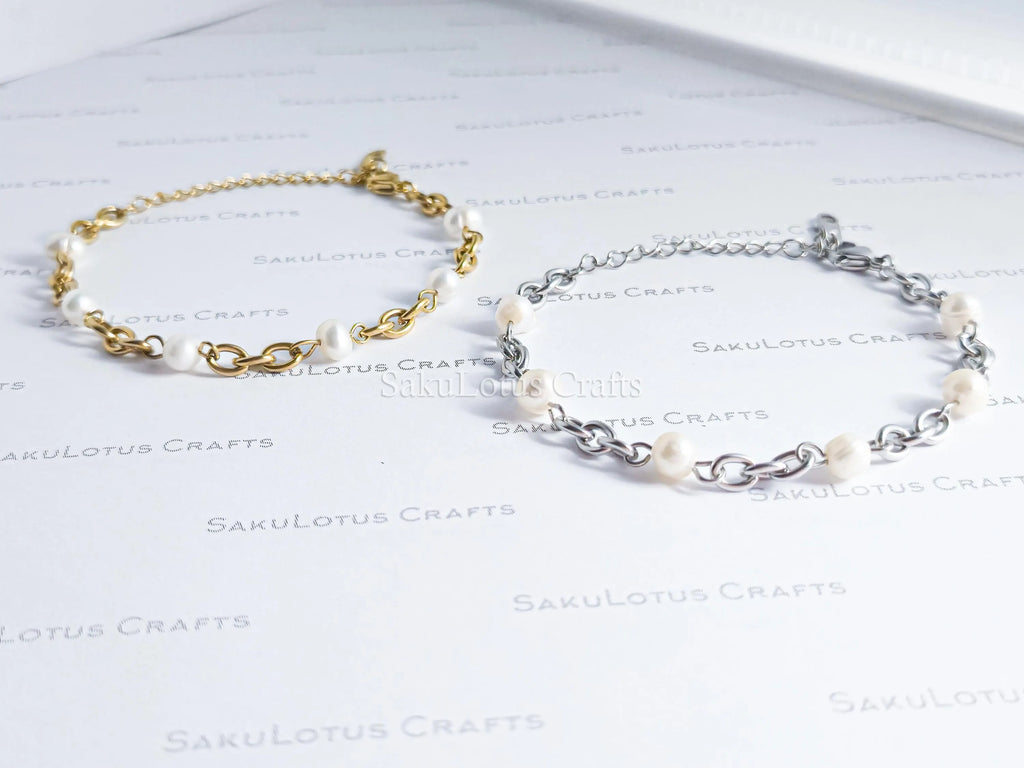 Natural Freshwater Pearl Bracelet • 6" Chunky Stainless Steel Chain • 18K Gold or Silver Finish • Adjustable Extender