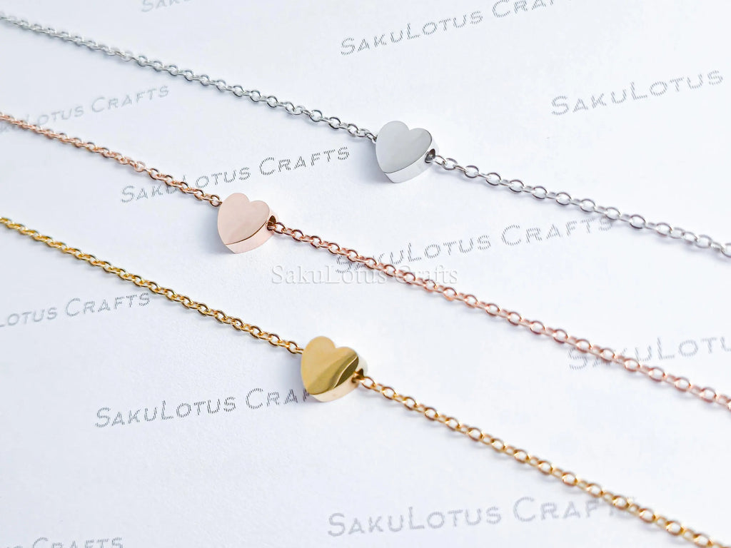 Heart Chain Bracelet or Necklace • Gold Silver Rose Stainless Steel • 3D Puffed Heart • Adjustable Length