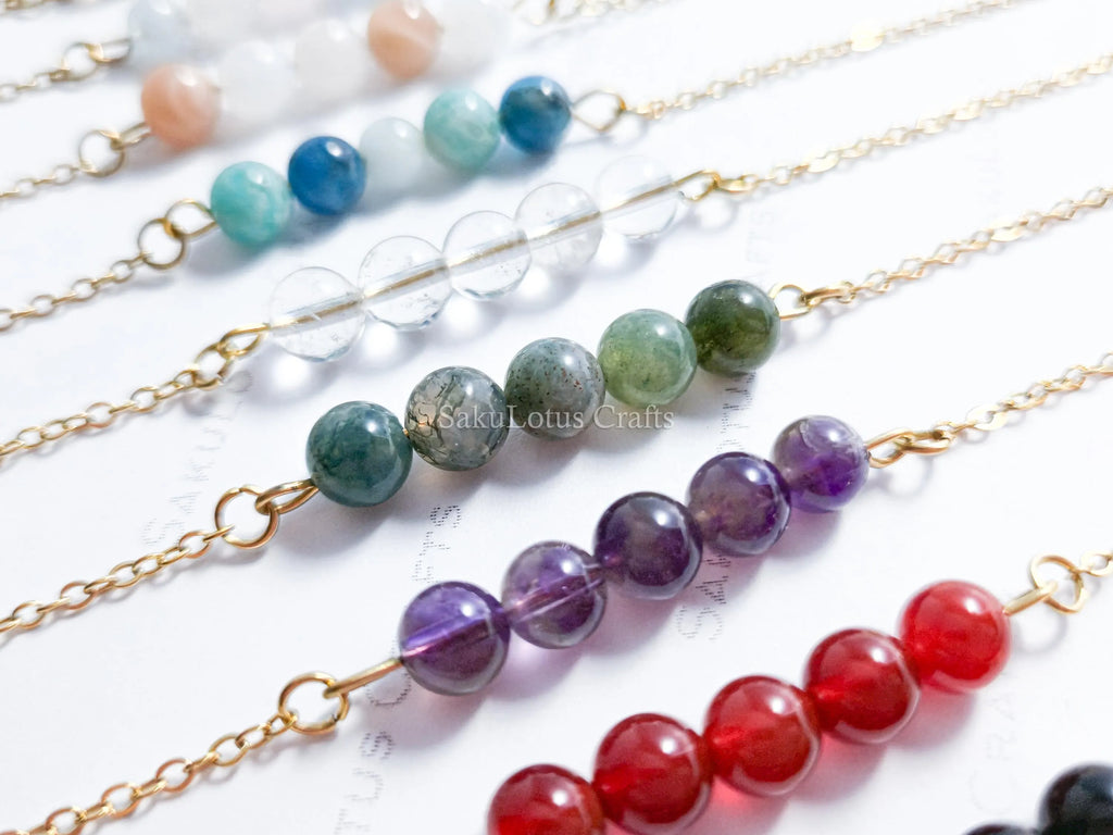 Dainty 5 Stone Natural Gemstone Bracelet • 6mm Beads • Stainless Steel Chain • Silver or 18K Gold • 7.5" + Extender
