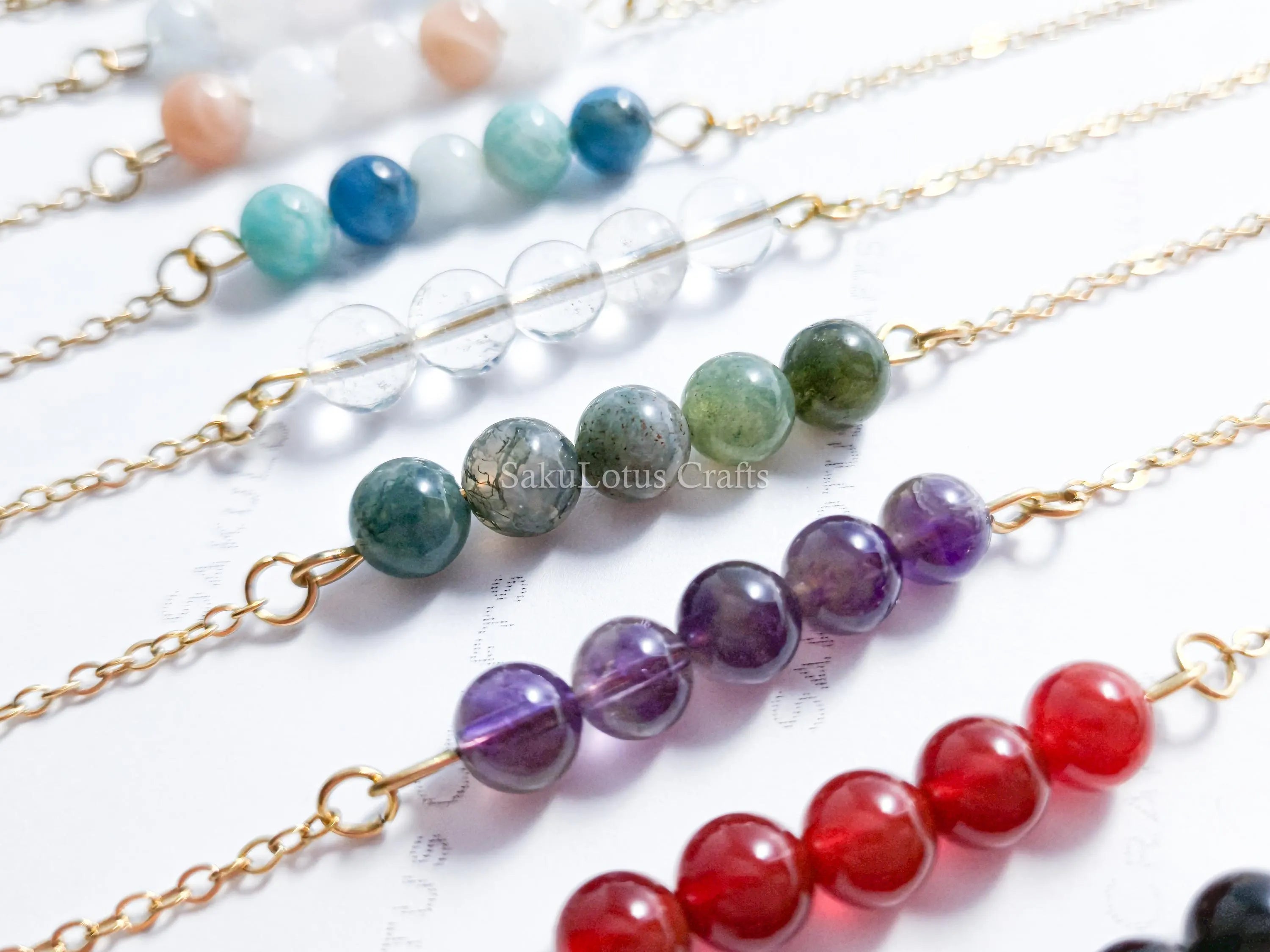 Dainty 5 Stone Natural Gemstone Bracelet • 6mm Beads • Stainless Steel Chain • Silver or 18K Gold • 7.5" + Extender
