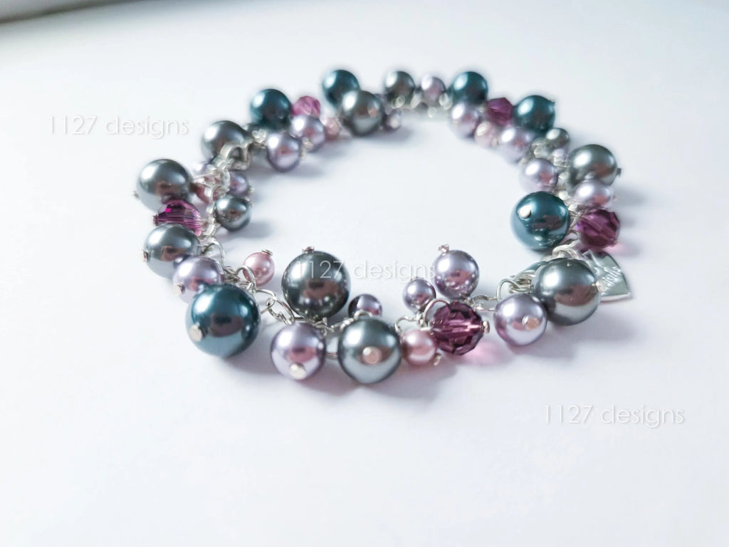Deep Plum Mauve Midnight Blue Swarovski Cluster Bracelet • 925 Sterling Silver • 1127 Designs