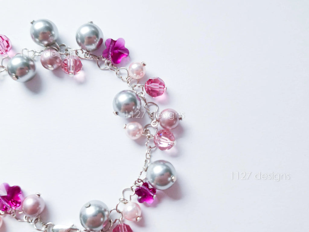 Pink Sakura Flower Swarovski Cluster Handmade Bracelet • Sterling Silver Heart Chain • Gift Jewelry • 1127 Designs