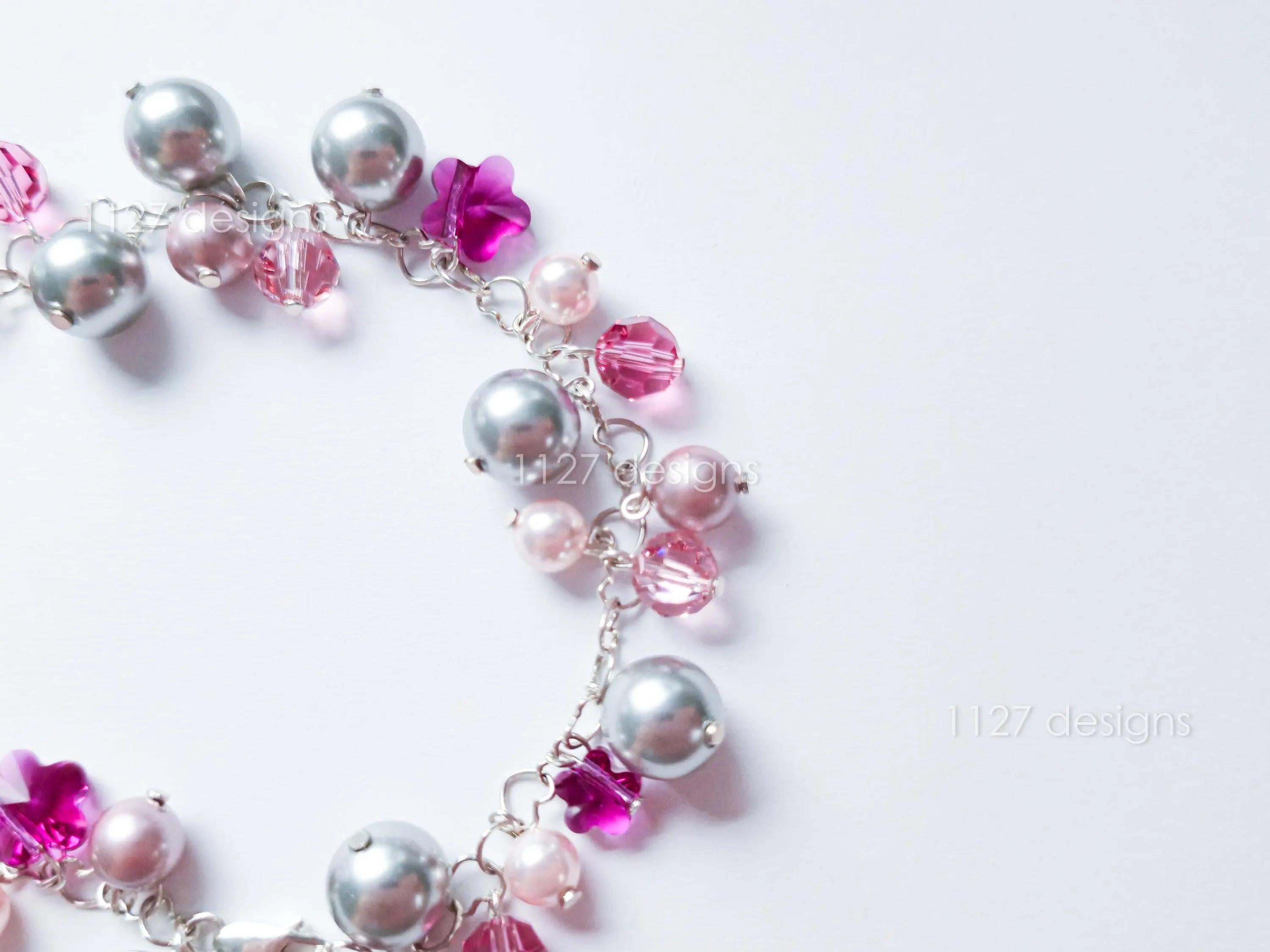 Pink Sakura Flower Swarovski Cluster Handmade Bracelet • Sterling Silver Heart Chain • Gift Jewelry • 1127 Designs