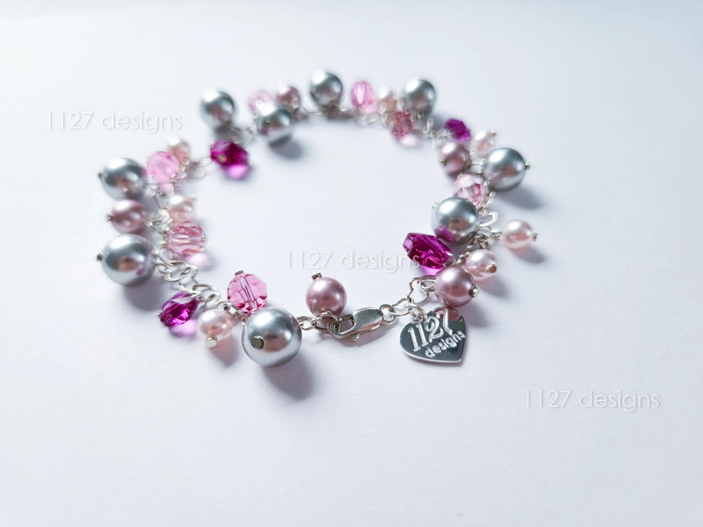 Pink Sakura Flower Swarovski Cluster Handmade Bracelet • Sterling Silver Heart Chain • Gift Jewelry • 1127 Designs