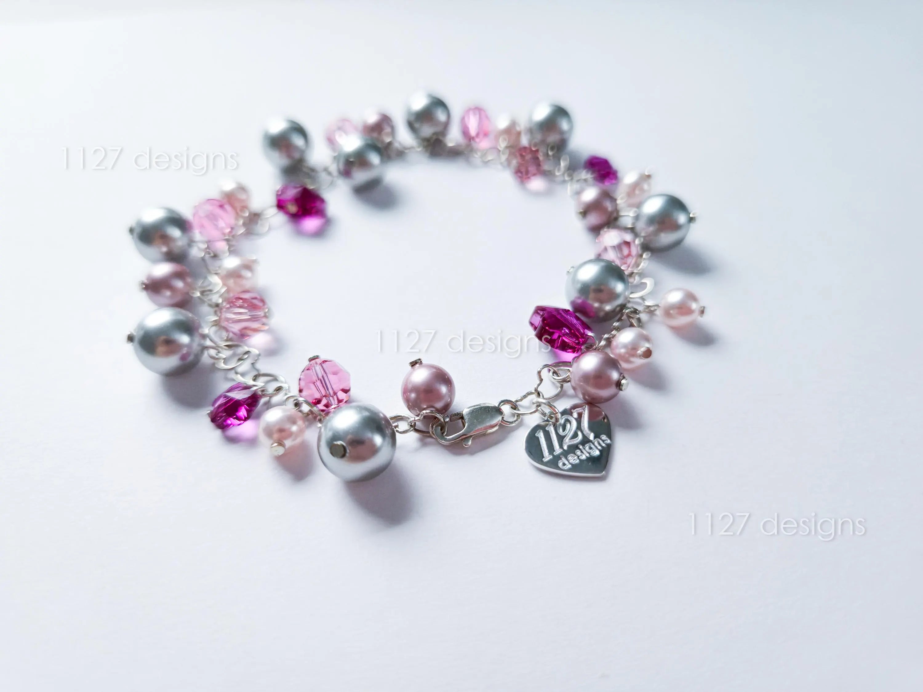 Pink Sakura Flower Swarovski Cluster Handmade Bracelet • Sterling Silver Heart Chain • Gift Jewelry • 1127 Designs
