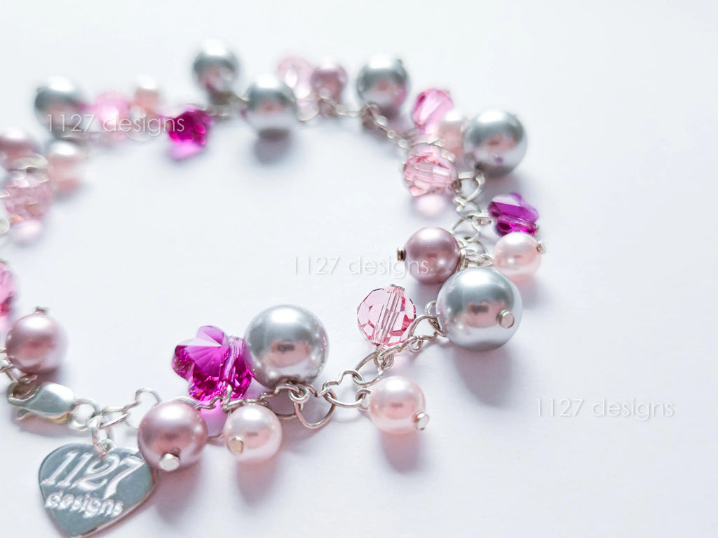 Pink Sakura Flower Swarovski Cluster Handmade Bracelet • Sterling Silver Heart Chain • Gift Jewelry • 1127 Designs