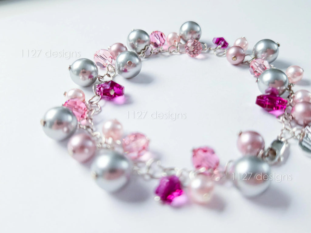 Pink Sakura Flower Swarovski Cluster Handmade Bracelet • Sterling Silver Heart Chain • Gift Jewelry • 1127 Designs