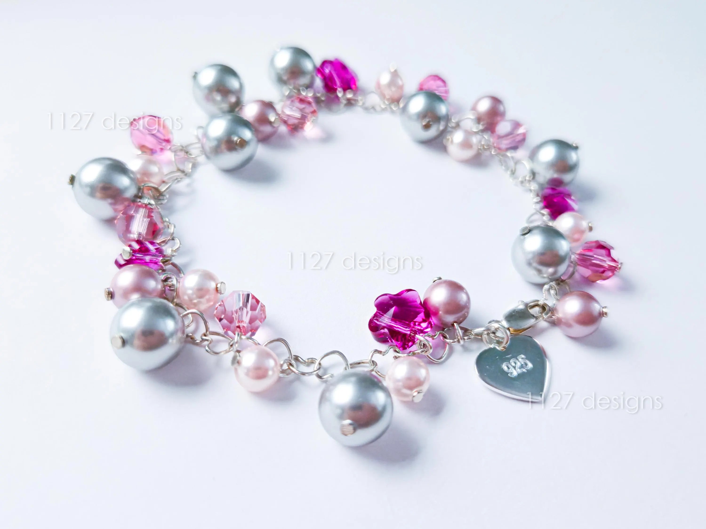 Pink Sakura Flower Swarovski Cluster Handmade Bracelet • Sterling Silver Heart Chain • Gift Jewelry • 1127 Designs