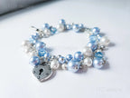 Lock & Key Swarovski Cluster Bracelet • Icy Blue White Pearls & Crystals • Sterling Silver Heart Chain • 1127 Designs