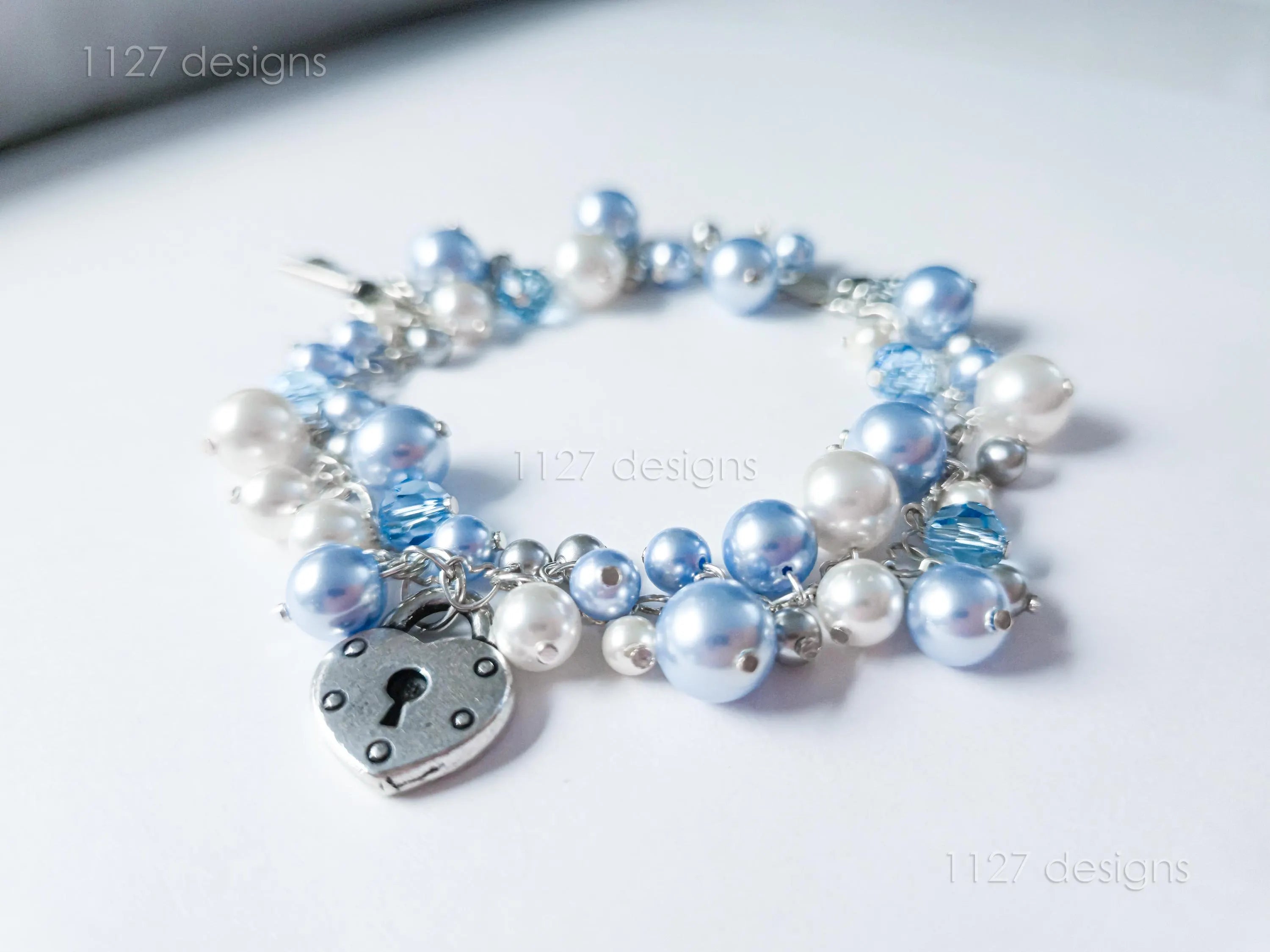 Lock & Key Swarovski Cluster Bracelet • Icy Blue White Pearls & Crystals • Sterling Silver Heart Chain • 1127 Designs