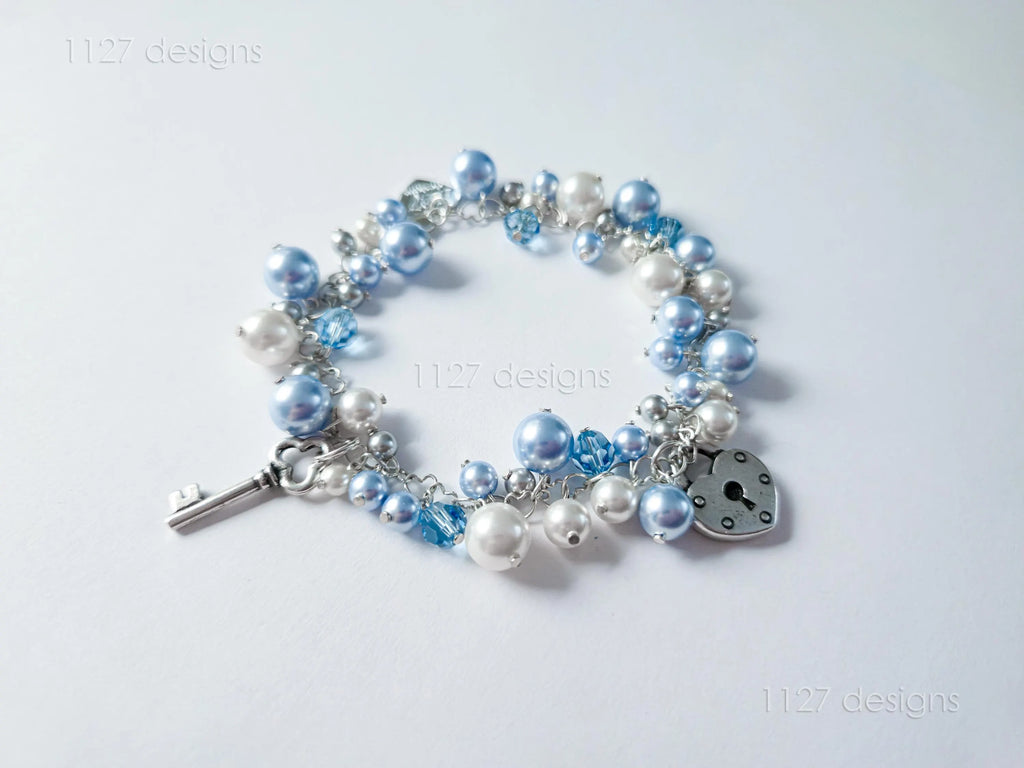 Lock & Key Swarovski Cluster Bracelet • Icy Blue White Pearls & Crystals • Sterling Silver Heart Chain • 1127 Designs
