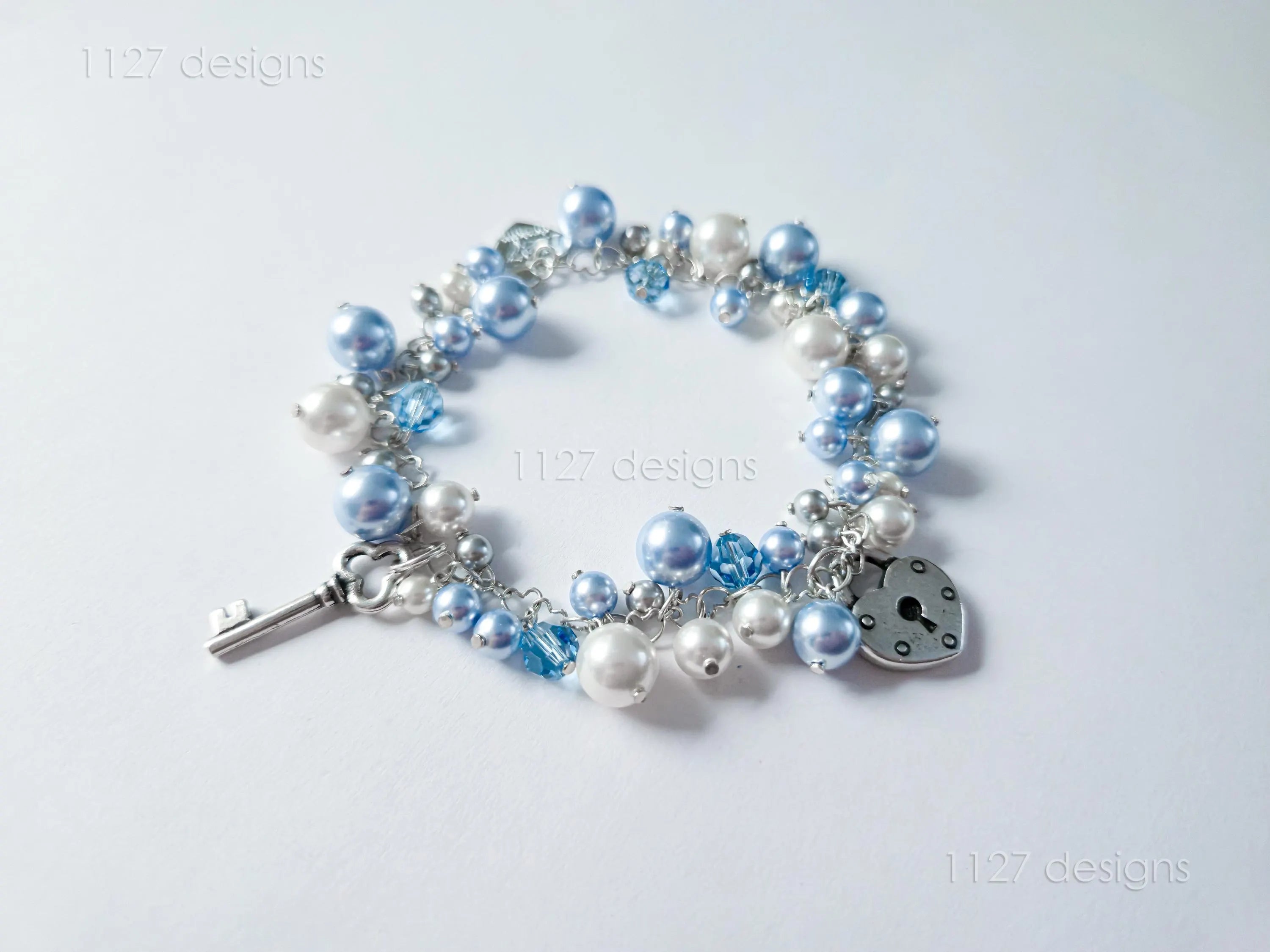 Lock & Key Swarovski Cluster Bracelet • Icy Blue White Pearls & Crystals • Sterling Silver Heart Chain • 1127 Designs