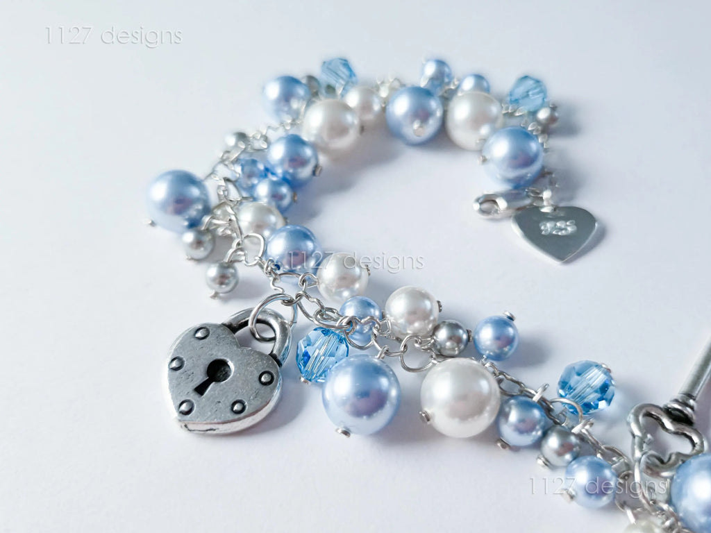 Lock & Key Swarovski Cluster Bracelet • Icy Blue White Pearls & Crystals • Sterling Silver Heart Chain • 1127 Designs