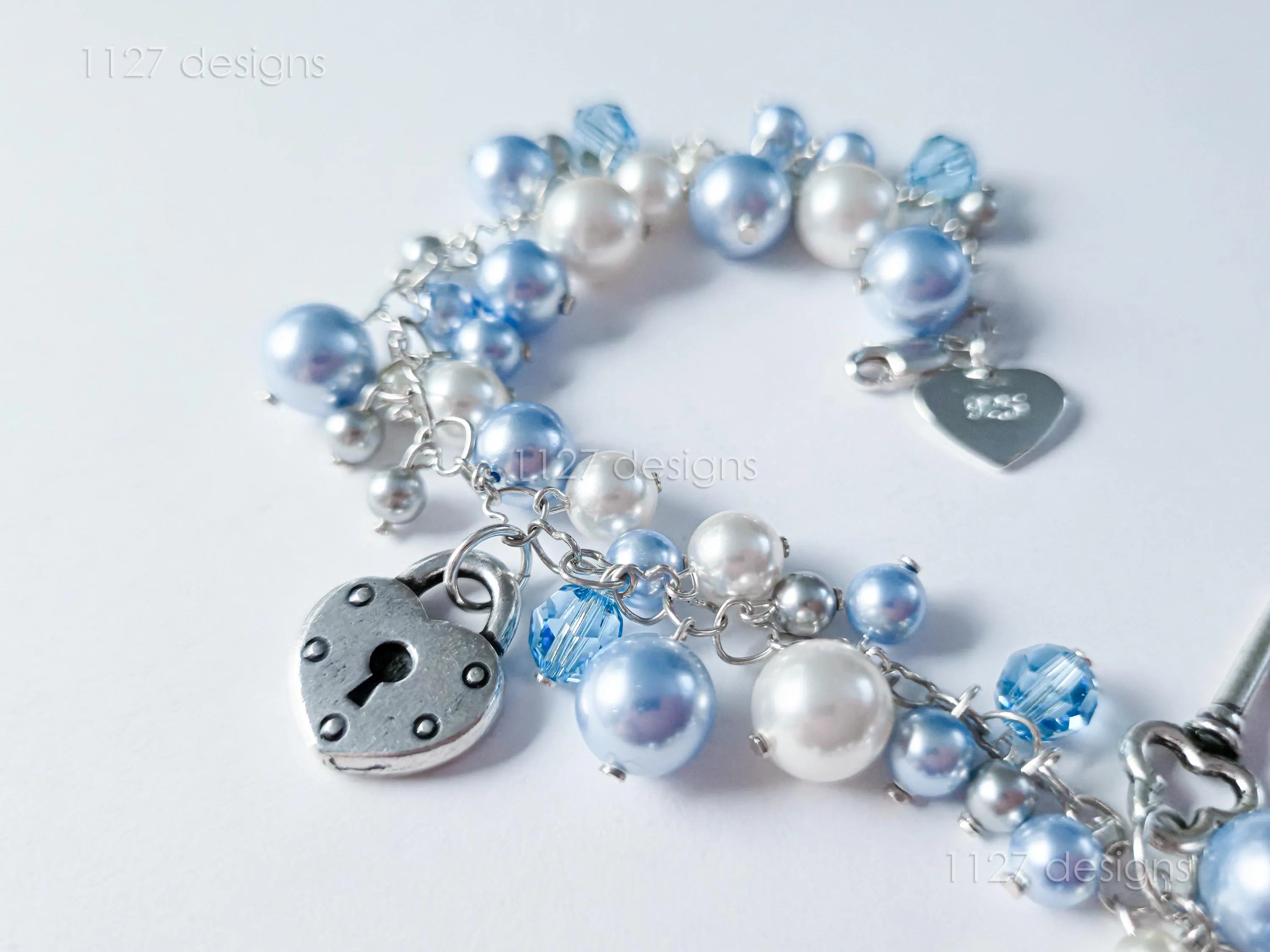 Lock & Key Swarovski Cluster Bracelet • Icy Blue White Pearls & Crystals • Sterling Silver Heart Chain • 1127 Designs