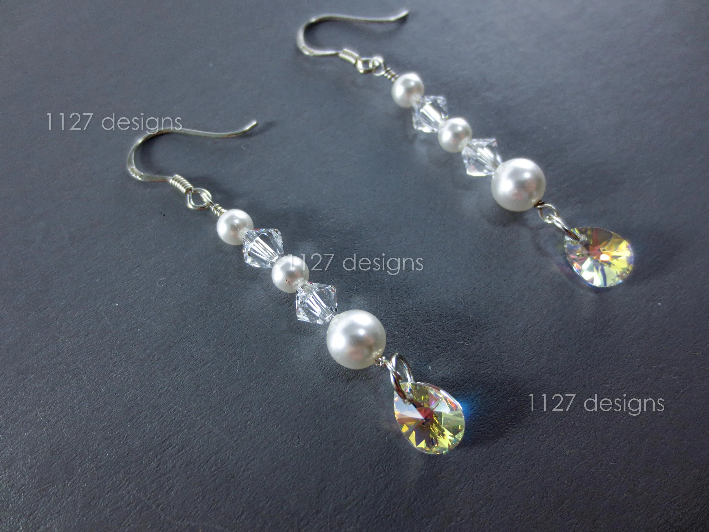 Swarovski Cream Pearl & Crystal Drop Earrings • 925 Sterling Silver • 5.5cm AB Teardrop Dangle • 1127 Designs
