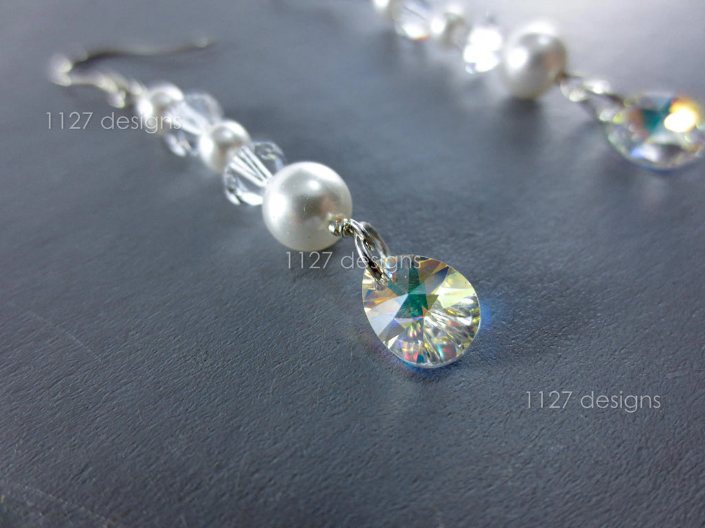 Swarovski Cream Pearl & Crystal Drop Earrings • 925 Sterling Silver • 5.5cm AB Teardrop Dangle • 1127 Designs