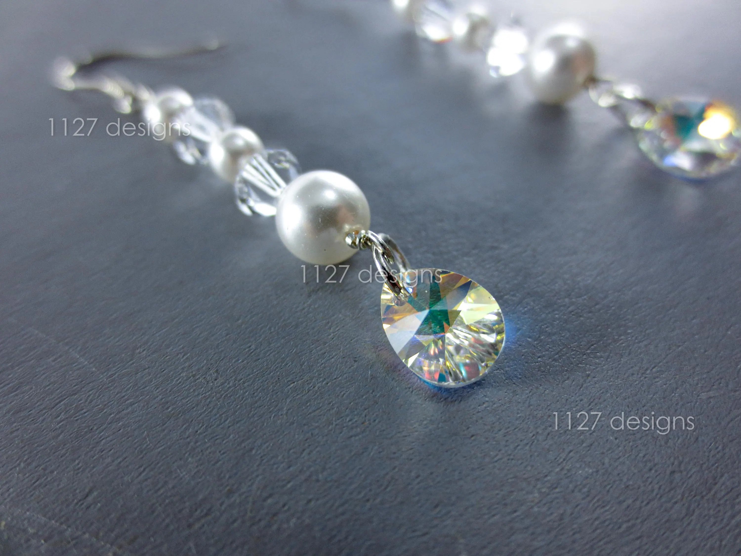 Swarovski Cream Pearl & Crystal Drop Earrings • 925 Sterling Silver • 5.5cm AB Teardrop Dangle • 1127 Designs